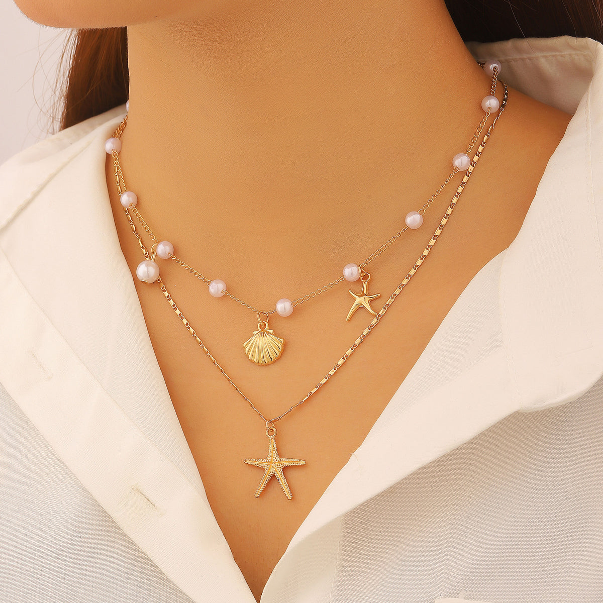 Shell and Pearl Multi-layer Necklace