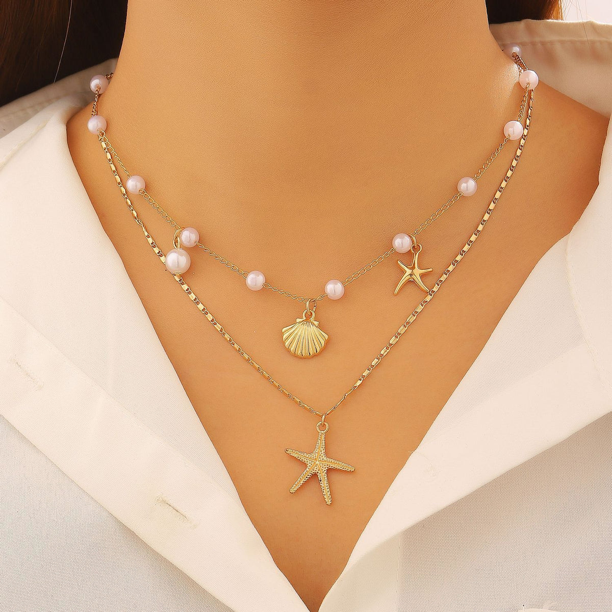 Shell and Pearl Multi-layer Necklace