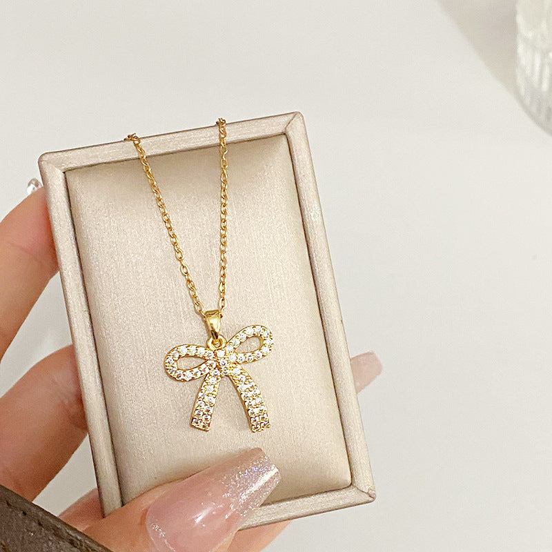 Diamond Bow Pendant Adjustable Necklace