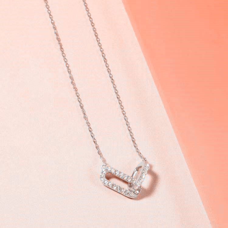 Sterling Silver Double Oval Interlocking Necklace with Diamond Accents
