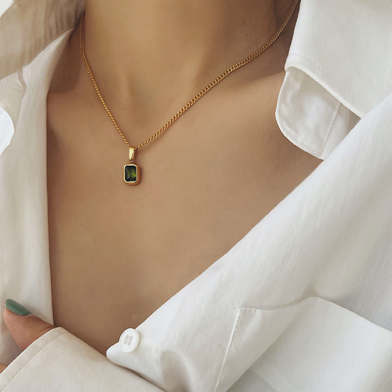 Geometric Emerald Pendant Titanium Steel Necklace