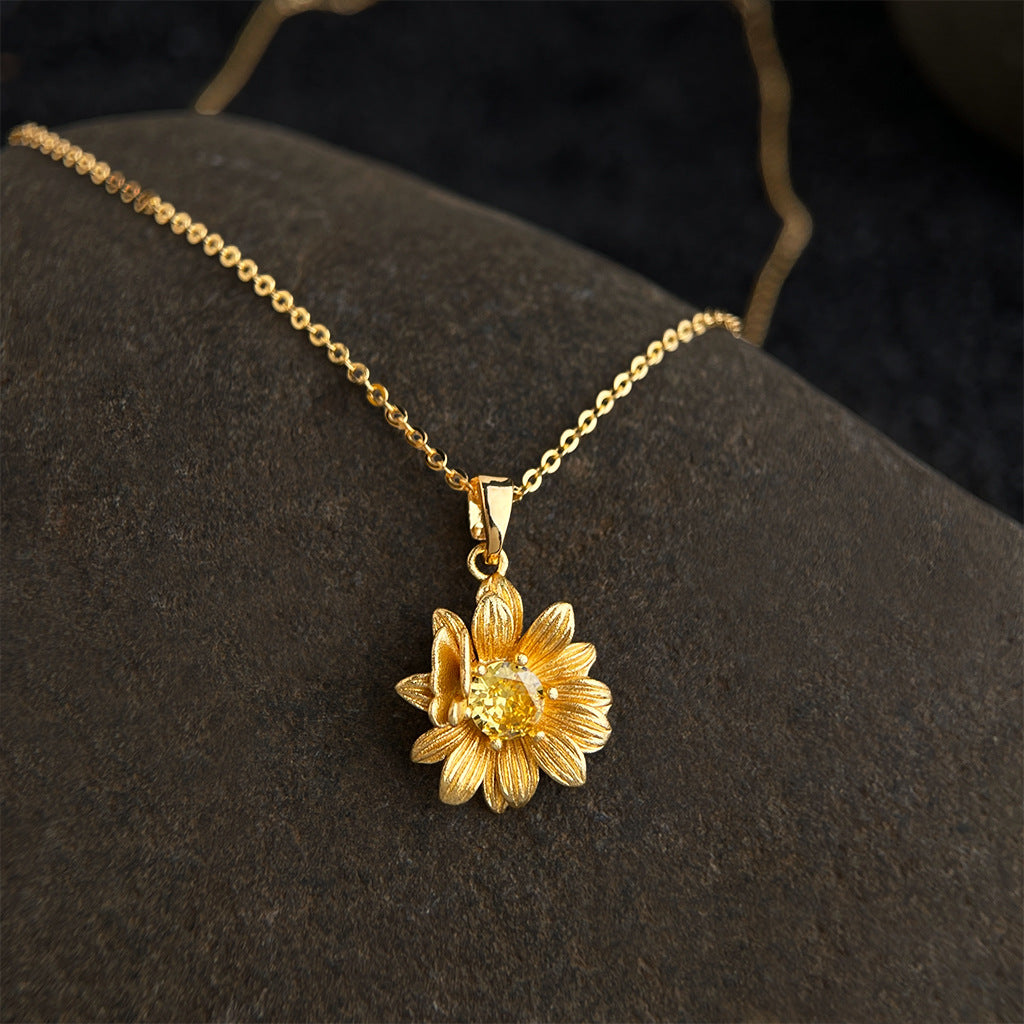 Gold Plated Sunflower Butterfly Zircon Necklace
