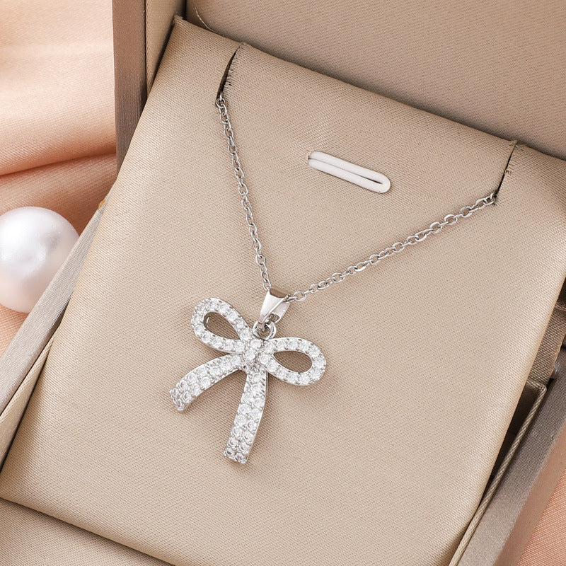 Diamond Bow Pendant Adjustable Necklace