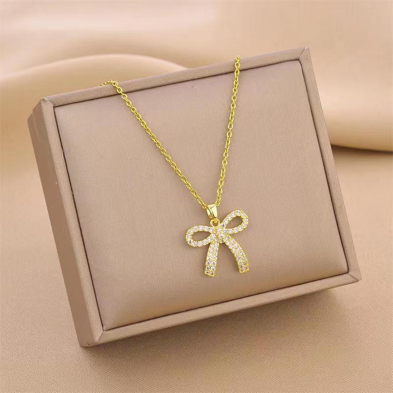 Diamond Bow Pendant Adjustable Necklace
