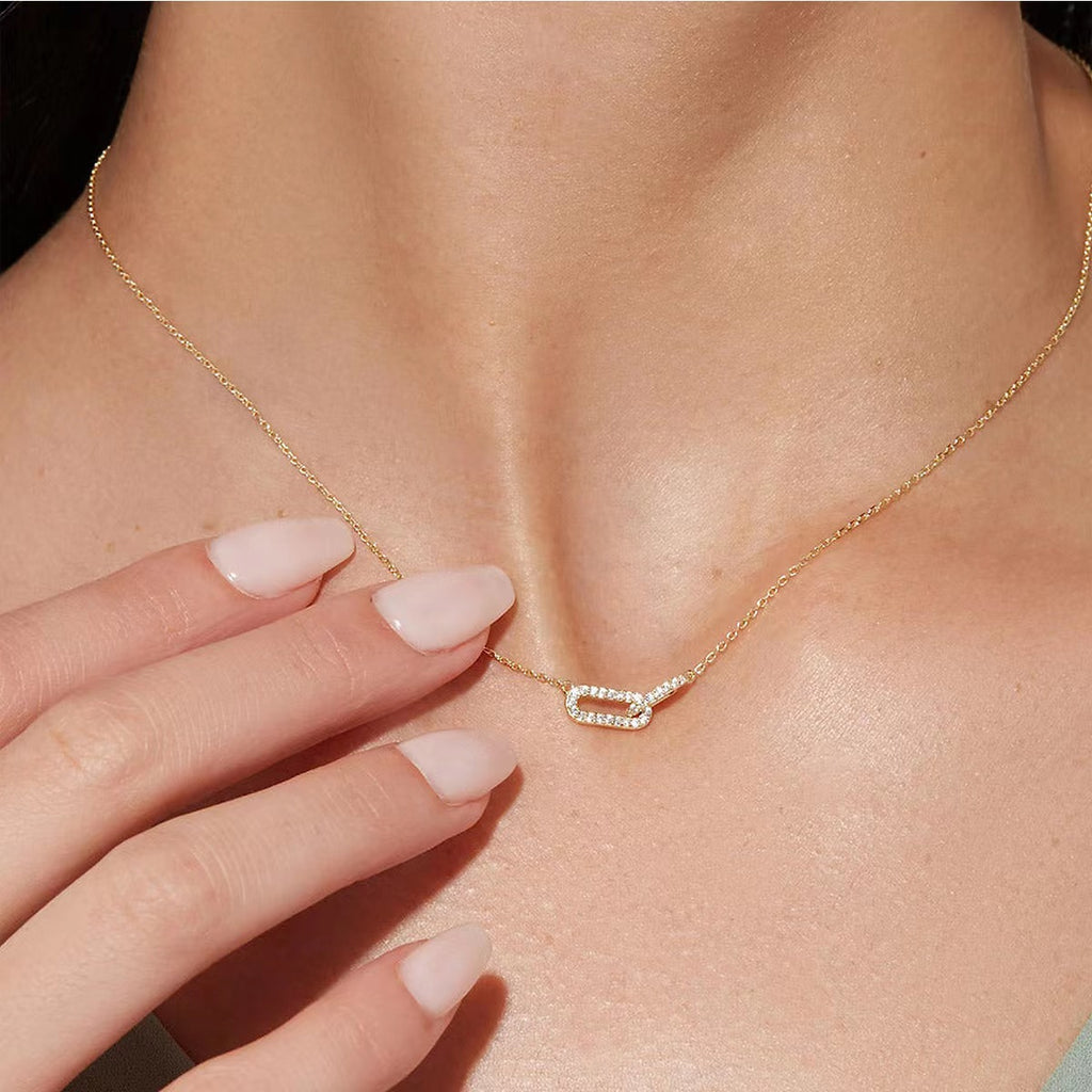 Sterling Silver Double Oval Interlocking Necklace with Diamond Accents